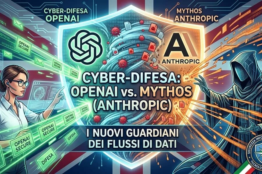 Infografica sulla cyber-difesa con OpenAI, Anthropic e un ambiente digitale.